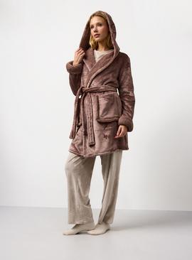 Chestnut Bonded Borg Hooded Dressing Gown