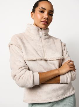 Neutral Bonded Borg Half Zip Top