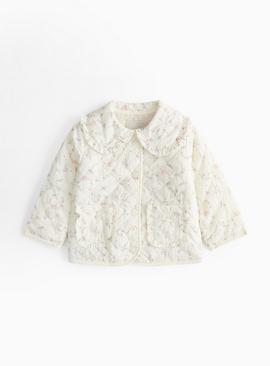 Cream Floral Print Collared Quilted Jacket