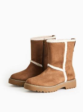 Brown Faux Suede Borg Detail Boots