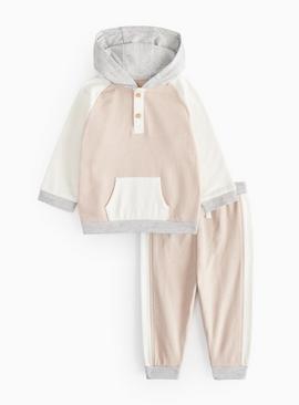 Beige Colour Block Jersey Hoodie & Joggers