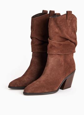 Brown Suede Ruched Detail Western Boots