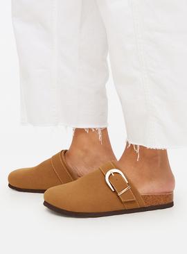 Tan Faux Suede Buckle Mules
