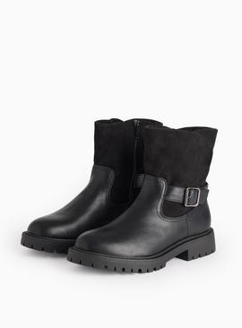 Black Faux Leather Buckle Biker Boots