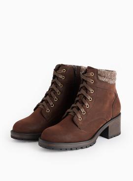 Brown Faux Suede Knitted Cuff Hiker Boots