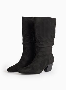 Black Faux Suede Ruched Long Boots