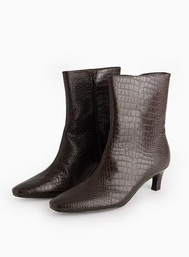 Brown Croc Faux Leather Heeled Boots