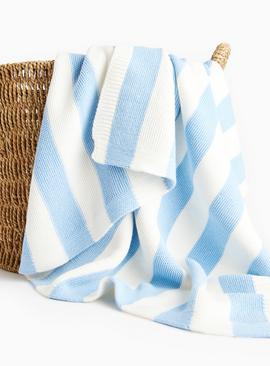 Blue Striped Cotton Knitted Blanket One Size