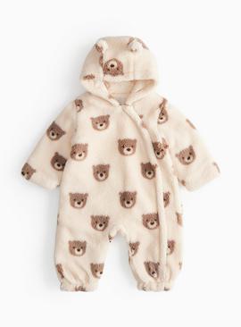 Cream Bear Print Borg Fleece Pramsuit