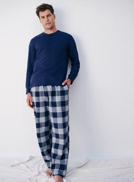 Navy Jersey Checked Pyjama Set