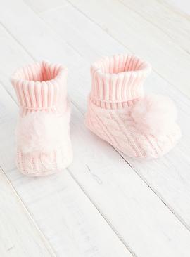 Pink Pom-Pom Cable Knit Booties