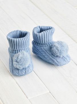 Blue Pom-Pom Cable Knit Booties