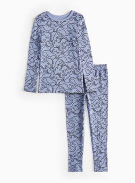 Blue Dinosaur Printed Thermal Top & Bottoms Set