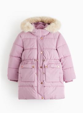 Pink Faux Fur Hood Puffer Coat
