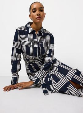 Navy Geometric Printed Midi Shirt Dress