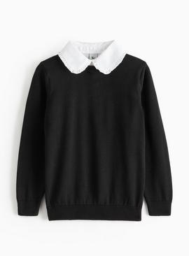 Black Crew Neck Knitted Jumper with Mock Collar