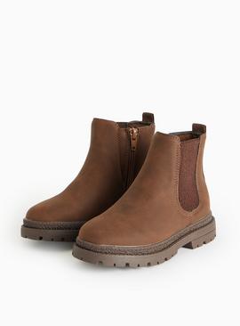 Brown Faux Suede Leather Chelsea Boots