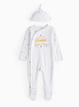 White My First Diwali Sleepsuit & Hat