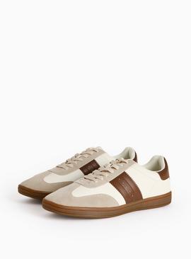 Neutral With Faux Leather Panel Retro Trainers