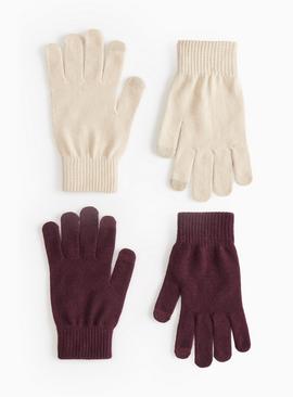 Beige & Burgundy Touchscreen Gloves 2 Pack One Size
