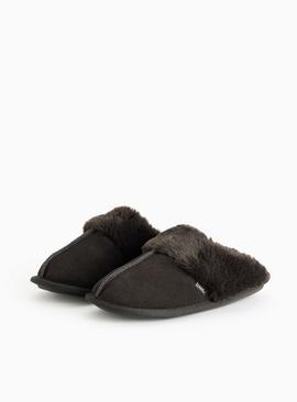 Suede Charcoal Faux Fur Mule Slippers