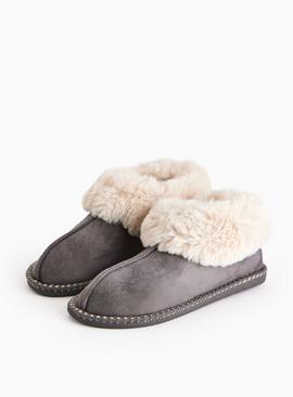 Grey Stitched Faux Fur Slipper Boot