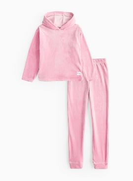 Pink Soft Ribbed Pyjama Hoodie & Bottoms Set