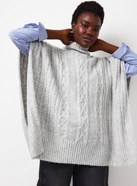 Grey High Neck Cable Knitted Poncho One Size