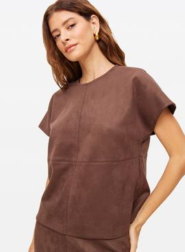 Brown Boxy Co-ord Faux Suede T-Shirt