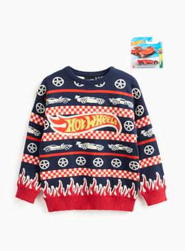 Hot Wheels Navy Christmas Jumper With Toy Car