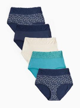 Navy Polka Dot Printed Comfort Lace Full Knickers 5 Pack