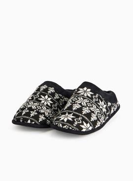 Black Knitted Fair Isle Mule Slippers