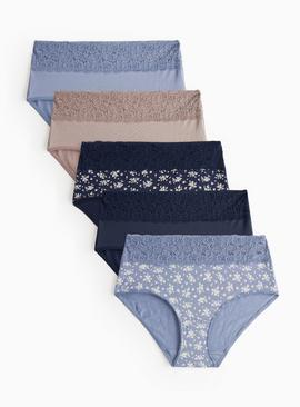 Blue Floral Comfort Lace Midi Knickers 5 Pack