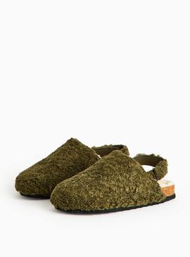 Khaki Borg Ankle Strap Footbed Mules