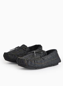 Navy Herringbone Moccasin Slippers