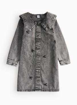 Grey Bow Embroidery Collared Denim Dress