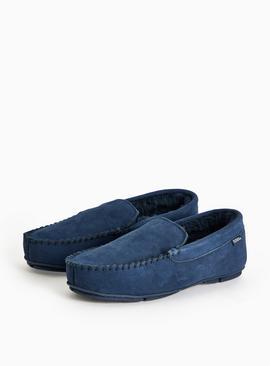 Navy Suede Faux Fur Lined Moccasin Slippers