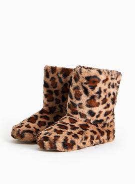 Animal Print Faux Fur Turn Cuff Slipper Booties