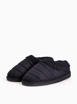 Black Quilted Borg Lined Platform Mule Slippers