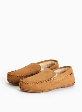 Tan Suede Faux Fur Lined Moccasin Slippers