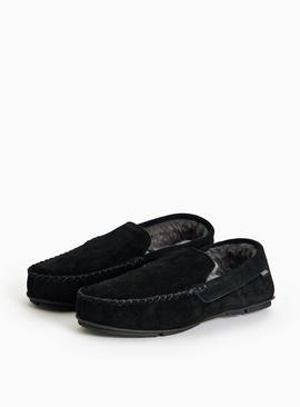 Black Suede Faux Fur Lined Moccasin Slippers