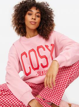 Pink Cosy Season Slogan Sweatshirt & Gingham Pyjama Bottoms