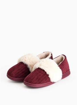 Burgundy Corduroy Faux Fur Trim Slippers