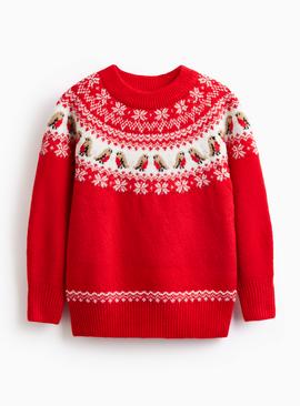 Matching Family Kid's Red Christmas Robin Fairisle Jumper