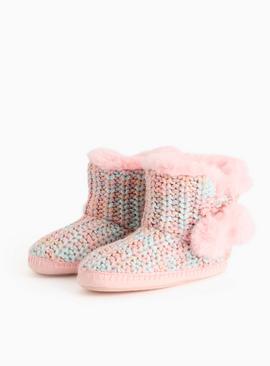 Coral Knitted Pom Pom Slipper Boots