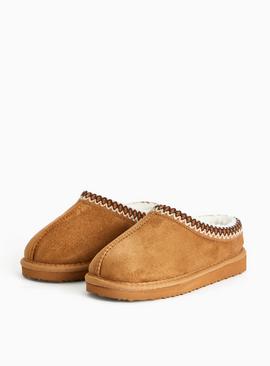 Brown Faux Suede Stitch Borg Lined Mules