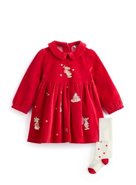 Peter Rabbit Christmas Red Velour Dress & Tights Set