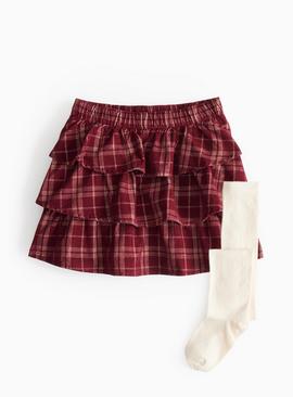 Red Check Corduroy Rara Skirt & Cream Tights