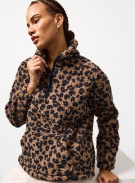 Brown Leopard Print Borg Half Zip Pyjama Top
