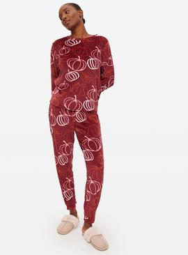 Burgundy Halloween Pumpkin Printed Slinky Fleece Pyjamas